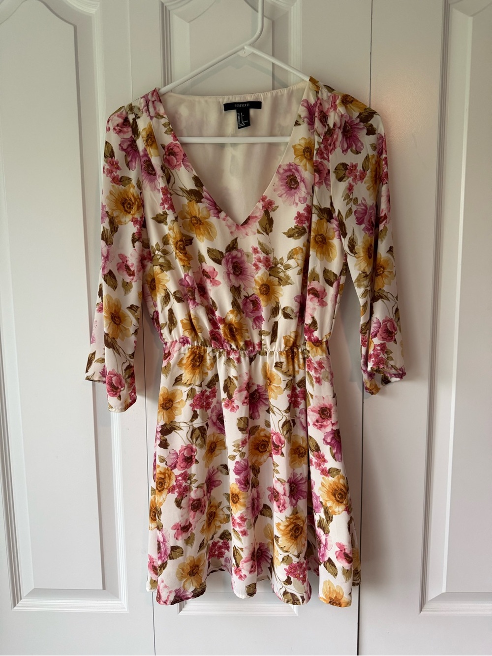 Forever 21 Cream Floral V-Neck Mini Dress with Pink & Yellow Blooms
